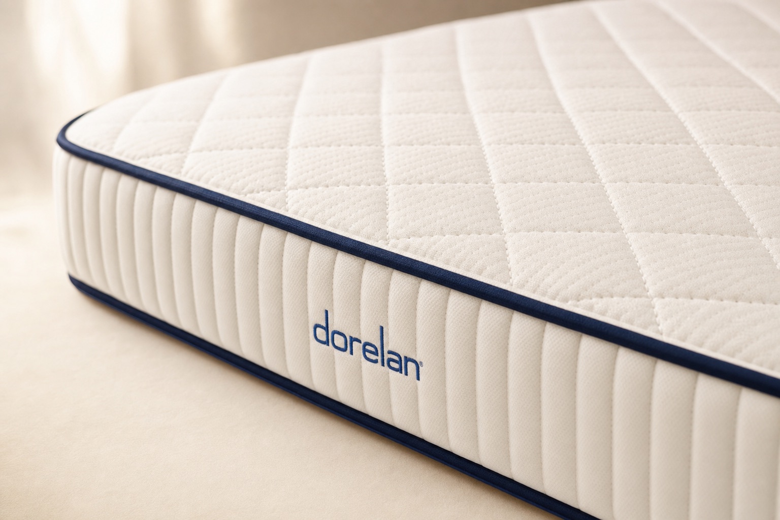 Close-up of the quilted chamomile-infused gel pillow top and navy piping